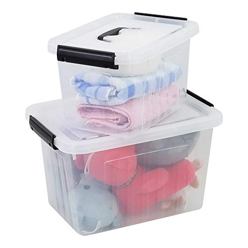 Yubine 2 Pack Clear Plastic Storage Box, Latching Bin with Lid and Handle (12 Quart &6 Quart)