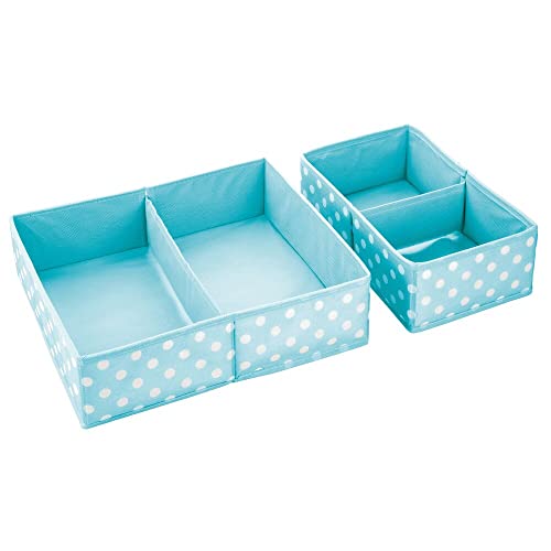 mDesign Fabric 2-Piece Drawer Organizer Bins, Kids/Baby Nursery Dresser, Closet, Shelf, Playroom Organization, Hold Clothes, Toys, Diapers, Bibs, Blankets, Turquoise Blue/White Polka Dot