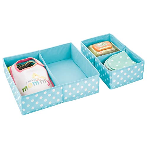 mDesign Fabric 2-Piece Drawer Organizer Bins, Kids/Baby Nursery Dresser, Closet, Shelf, Playroom Organization, Hold Clothes, Toys, Diapers, Bibs, Blankets, Turquoise Blue/White Polka Dot