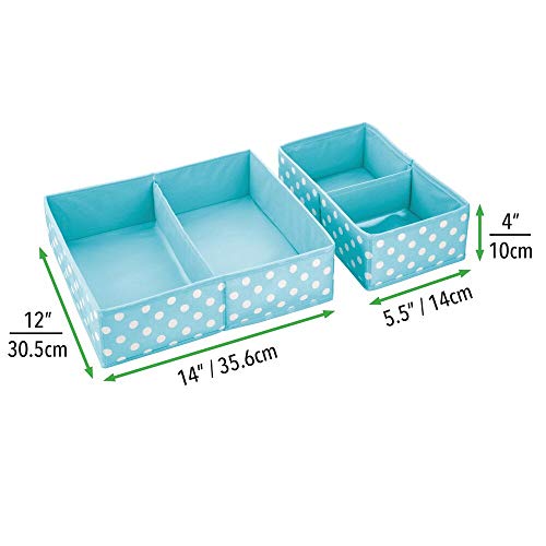 mDesign Fabric 2-Piece Drawer Organizer Bins, Kids/Baby Nursery Dresser, Closet, Shelf, Playroom Organization, Hold Clothes, Toys, Diapers, Bibs, Blankets, Turquoise Blue/White Polka Dot