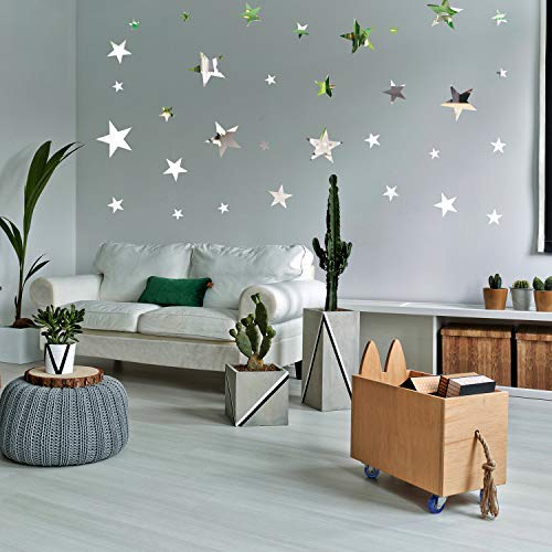 32 Pieces Removable Star Mirror Stickers Acrylic Mirror Setting Wall Sticker Decal for Home Living Room Bedroom Decor (Silver)