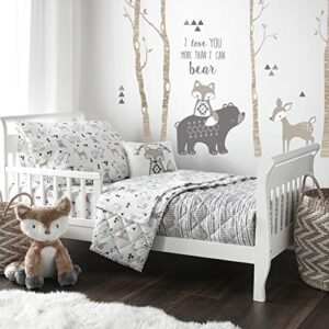 levtex baby bailey bear, animals, woodland, charcoal, beige, white -5pc toddler set - neutral kids bedding - reversible quilt, fitted sheet, flat sheet, standard pillow case, decorative pillow