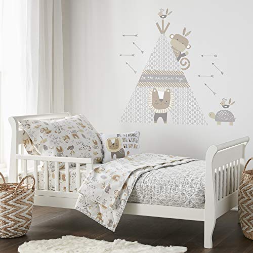 Levtex Baby Kenya Animals Beige, Grey, White - 5PC Toddler Set - Neutral Kids Bedding- Reversible Quilt, Fitted Sheet, Flat Sheet, Standard Pillow Case, Decorative Pillow