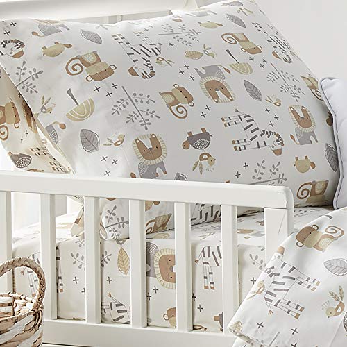 Levtex Baby Kenya Animals Beige, Grey, White - 5PC Toddler Set - Neutral Kids Bedding- Reversible Quilt, Fitted Sheet, Flat Sheet, Standard Pillow Case, Decorative Pillow