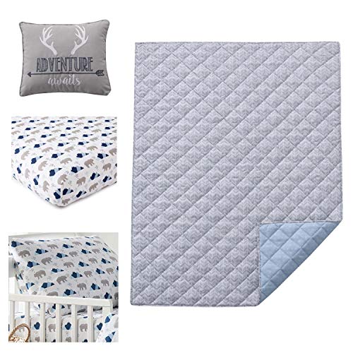 Levtex Baby Trail Mix 5PC Woodland - Animals - Blue, Grey, White - Toddler Set - Kids Bedding - Reversible Quilt, Fitted Sheet, Flat Sheet, Standard Pillow Case, Decorative Pillow