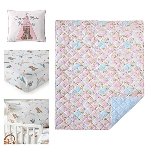 Levtex Baby Malia Floral Pink, Teal, White - 5PC Toddler Set - Kids Bedding - Reversible Quilt, Fitted Sheet, Flat Sheet, Standard Pillow Case, Decorative Pillow