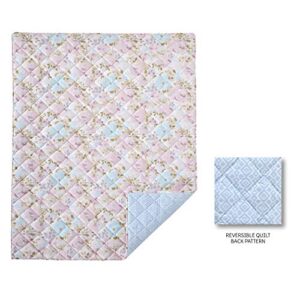 Levtex Baby Malia Floral Pink, Teal, White - 5PC Toddler Set - Kids Bedding - Reversible Quilt, Fitted Sheet, Flat Sheet, Standard Pillow Case, Decorative Pillow