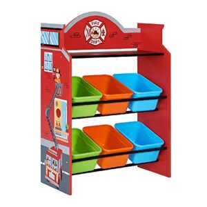fantasy fields - little firefighters wooden toy organizers with 6 removable storage bins, toy storage shelf, red (td-13211a)