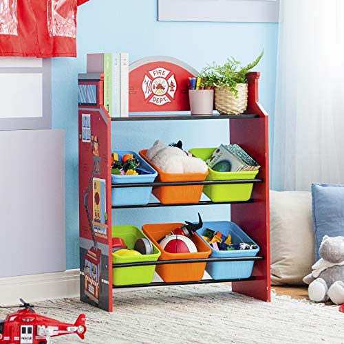 Fantasy Fields - Little Firefighters Wooden Toy Organizers with 6 Removable Storage Bins, Toy Storage Shelf, Red (TD-13211A)