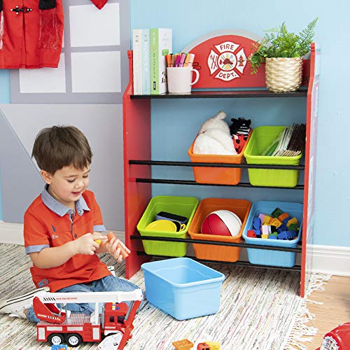 Fantasy Fields - Little Firefighters Wooden Toy Organizers with 6 Removable Storage Bins, Toy Storage Shelf, Red (TD-13211A)