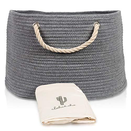 XXL Extra Large Cotton Rope Basket with Exclusive Laundry Bag: Wide Storage Organizer for Living Room, Blankets, Sofa Throws, Nursery, Baby Kids Toys, Playroom: 20" x 14" Hand Woven Hamper (Grey)