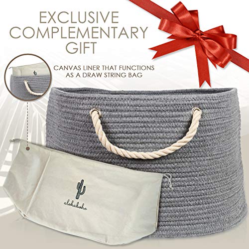 XXL Extra Large Cotton Rope Basket with Exclusive Laundry Bag: Wide Storage Organizer for Living Room, Blankets, Sofa Throws, Nursery, Baby Kids Toys, Playroom: 20" x 14" Hand Woven Hamper (Grey)