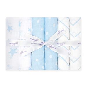 bloomsbury mill - pack of 6 super soft muslin receiving blankets - 100% certified organic cotton in gifting ribbon stars, chevrons & polka dots designs - blue & white - 28" x 28"