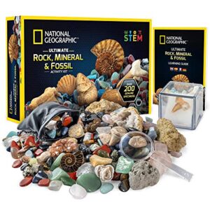 national geographic rock collection box for kids – 200+ piece gemstones and crystals set includes geodes & real fossils, rocks & minerals science kit, geology gift for boys & girls (amazon exclusive)