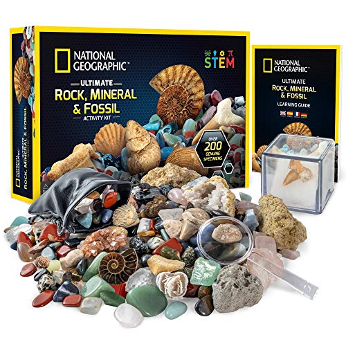 NATIONAL GEOGRAPHIC Rock Collection Box for Kids – 200+ Piece Gemstones and Crystals Set Includes Geodes & Real Fossils, Rocks & Minerals Science Kit, Geology Gift for Boys & Girls (Amazon Exclusive)