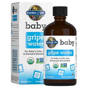garden of life baby organic gripe water for infants & babies nighttime or daytime colic, gas & stomach discomfort, herbal remedy for newborn baby with chamomile, lemon balm & ginger - 4 fl oz liquid