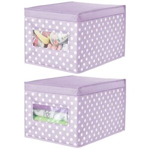 mdesign large soft stackable fabric baby nursery storage organizer holder bin box with front window and lid for child/kids bedroom, playroom, classroom - 2 pack, light wisteria purple/white polka dot