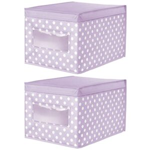 mDesign Large Soft Stackable Fabric Baby Nursery Storage Organizer Holder Bin Box with Front Window and Lid for Child/Kids Bedroom, Playroom, Classroom - 2 Pack, Light Wisteria Purple/White Polka Dot