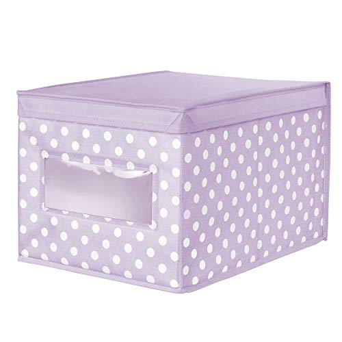 mDesign Large Soft Stackable Fabric Baby Nursery Storage Organizer Holder Bin Box with Front Window and Lid for Child/Kids Bedroom, Playroom, Classroom - 2 Pack, Light Wisteria Purple/White Polka Dot