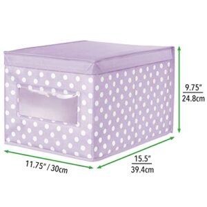 mDesign Large Soft Stackable Fabric Baby Nursery Storage Organizer Holder Bin Box with Front Window and Lid for Child/Kids Bedroom, Playroom, Classroom - 2 Pack, Light Wisteria Purple/White Polka Dot