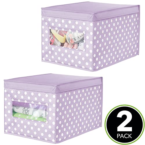 mDesign Large Soft Stackable Fabric Baby Nursery Storage Organizer Holder Bin Box with Front Window and Lid for Child/Kids Bedroom, Playroom, Classroom - 2 Pack, Light Wisteria Purple/White Polka Dot