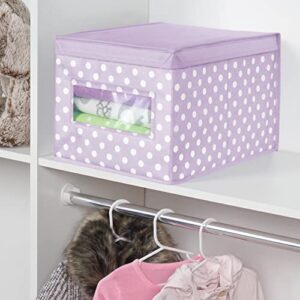 mDesign Large Soft Stackable Fabric Baby Nursery Storage Organizer Holder Bin Box with Front Window and Lid for Child/Kids Bedroom, Playroom, Classroom - 2 Pack, Light Wisteria Purple/White Polka Dot