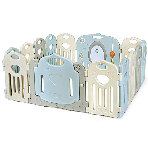 Costzon Baby Fence 14-Panel Baby Playpen, Kids Portable Play Yard Indoor Outdoor w/Walk-Through Locking Door, Game Panel, Non-Slip Rubber Bases, Adjustable Shape for Children Toddlers