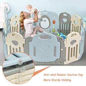 Costzon Baby Fence 14-Panel Baby Playpen, Kids Portable Play Yard Indoor Outdoor w/Walk-Through Locking Door, Game Panel, Non-Slip Rubber Bases, Adjustable Shape for Children Toddlers