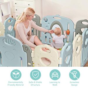 Costzon Baby Fence 14-Panel Baby Playpen, Kids Portable Play Yard Indoor Outdoor w/Walk-Through Locking Door, Game Panel, Non-Slip Rubber Bases, Adjustable Shape for Children Toddlers