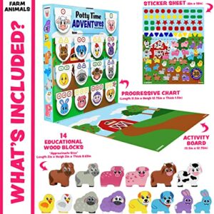 LIL ADVENTS Potty Time Adventures - Farm Animals with 14 Wooden Block Toy Prizes | Potty Training Advent Game | As Seen on Shark Tank | Wood Block Toys, Reward Chart, Activity Board and Stickers