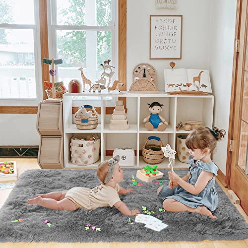 PAGISOFE Fluffy Shaggy Area Rug, Rugs for Bedroom 3x5, Soft Fuzzy Rugs for Girls Boys Bedroom, Kids Room, Furry Throw Rugs for Dorm, Shag Carpet for Nursery Decor, Small Bedside Rug, Grey