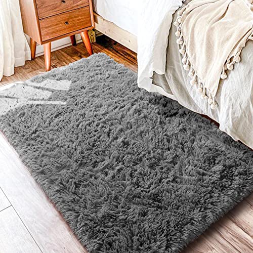 PAGISOFE Fluffy Shaggy Area Rug, Rugs for Bedroom 3x5, Soft Fuzzy Rugs for Girls Boys Bedroom, Kids Room, Furry Throw Rugs for Dorm, Shag Carpet for Nursery Decor, Small Bedside Rug, Grey