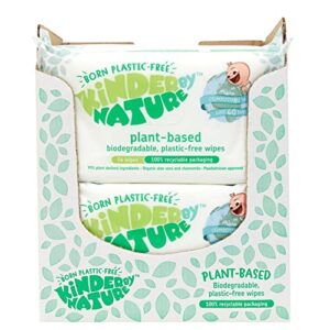 kinder by nature plant based baby wipes - 100% biodegradable & compostable, 672 count (12 packs of 56) - 99% plant-based ingredients, plastic-free wipes