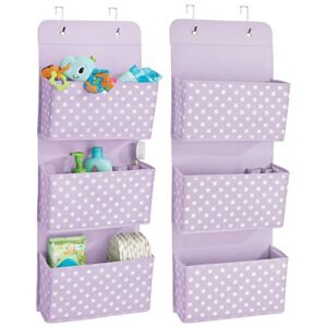 mdesign fabric baby nursery hanging organizers for over the door storage for kids, 3 pocket organizer caddy, hooks for clothing, school, diaper, toy, or outfit storage, polka dot, 2 pack, purple/white