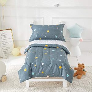 boys space planet toddler bedding set gray-green includes adorable quilted comforter, fitted sheet, top sheet, and pillow case for boys bed