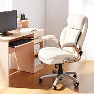 AmazonCommercial Ergonomic Executive Office Desk Chair with Flip-up Armrests and Adjustable Height, Tilt and Lumbar Support, Cream Bonded Leather, 29.5"D x 28"W x 43"H