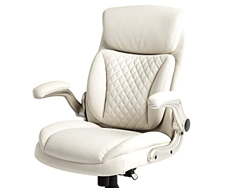 AmazonCommercial Ergonomic Executive Office Desk Chair with Flip-up Armrests and Adjustable Height, Tilt and Lumbar Support, Cream Bonded Leather, 29.5"D x 28"W x 43"H