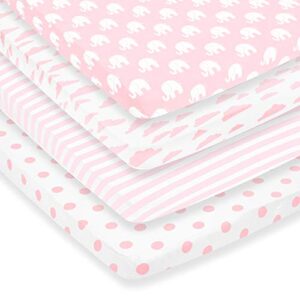 pack n play sheets – premium pack and play sheet set - 4 pack – 100% super soft jersey knit cotton playard mattress sheets – portable playpen fitted play yard mini crib sheet for girl (24 x 38 x 5)