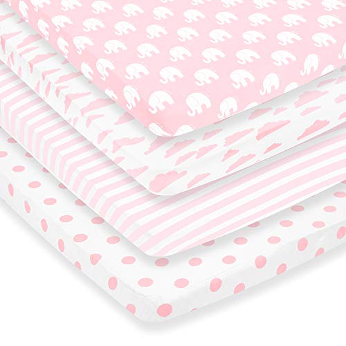 Pack n Play Sheets – Premium Pack and Play Sheet Set - 4 Pack – 100% Super Soft Jersey Knit Cotton Playard Mattress Sheets – Portable Playpen Fitted Play Yard Mini Crib Sheet for Girl (24 x 38 x 5)