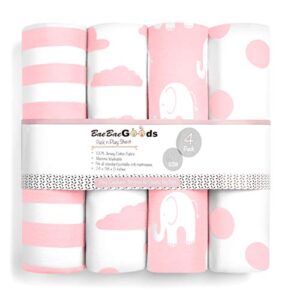 Pack n Play Sheets – Premium Pack and Play Sheet Set - 4 Pack – 100% Super Soft Jersey Knit Cotton Playard Mattress Sheets – Portable Playpen Fitted Play Yard Mini Crib Sheet for Girl (24 x 38 x 5)