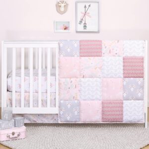 the peanutshell pink woodland floral crib bedding set for baby girls - crib quilt, fitted sheet, dust ruffle included