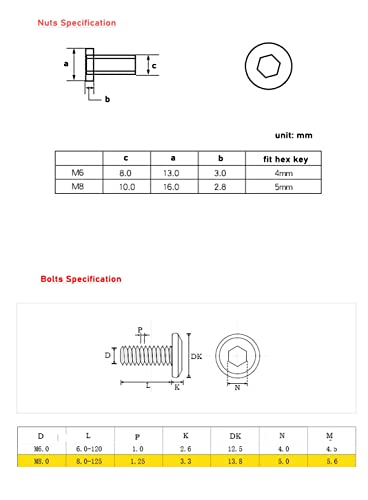 cSeao 114pcs M6 Hex Socket Cap Allen Bolts Rivet Screws Furniture Connecting Nuts for Crib Bolts Nuts Kit, M6x15mm to 80mm, Nickel Plated