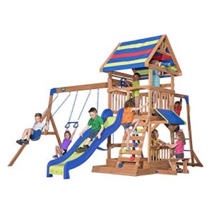 backyard discovery beach front all cedar wooden swing set, large upper deck with canopy, ships wheel, play telescope, sandbox, snack bench, rock wall