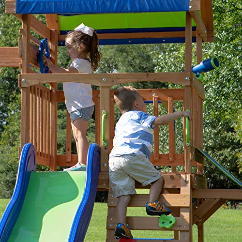 Backyard Discovery Beach Front All Cedar Wooden Swing Set, Large Upper Deck with Canopy, Ships Wheel, Play Telescope, Sandbox, Snack Bench, Rock Wall