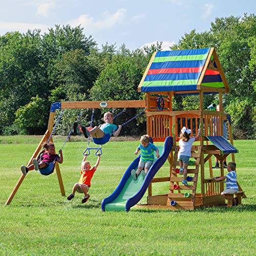 Backyard Discovery Beach Front All Cedar Wooden Swing Set, Large Upper Deck with Canopy, Ships Wheel, Play Telescope, Sandbox, Snack Bench, Rock Wall