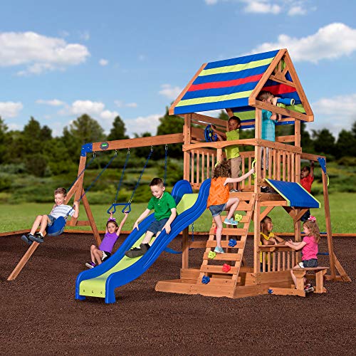 Backyard Discovery Beach Front All Cedar Wooden Swing Set, Large Upper Deck with Canopy, Ships Wheel, Play Telescope, Sandbox, Snack Bench, Rock Wall