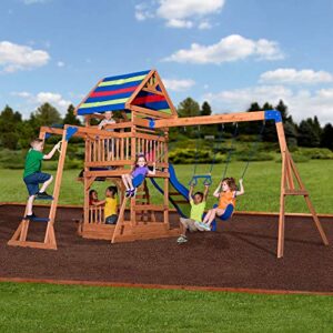 Backyard Discovery Beach Front All Cedar Wooden Swing Set, Large Upper Deck with Canopy, Ships Wheel, Play Telescope, Sandbox, Snack Bench, Rock Wall