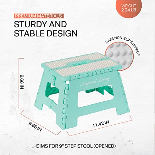 Inspired Living 9" Step Stool, Folding Step Stools for Adults, Plastic Foldable Step Stools Kids, Holds Up to 330 lbs, Collapsible Folding Stool for Kitchen, Bathroom, Bedroom - Arctic