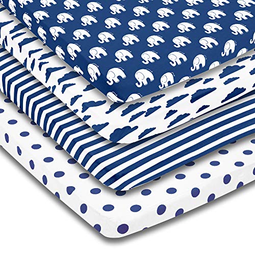 Pack n Play Sheets – Premium Pack and Play Sheet 4 Pack – 100% Super Soft Jersey Knit Cotton Playard Mattress Portable Playpen Fitted Play Yard Mini Crib Sheet for Boy (24 x 38 x 5)