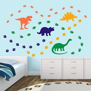 creative dinosaur wall decals, diy adorable animal dinosaur footprints and paw print wall sticker for kids room classroom decoration, orange,blue,yellow,green (74 pcs)